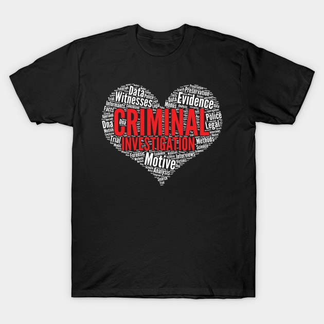 Criminal investigation Heart Shape Word Cloud Design design T-Shirt by theodoros20